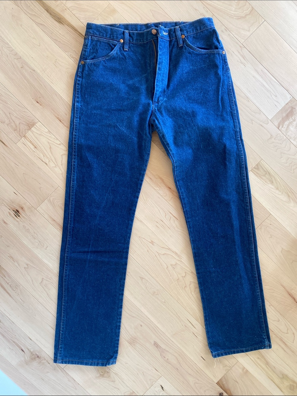 Wrangler Deep Blue Denim Jeans Back Pocket with Tan Patch
